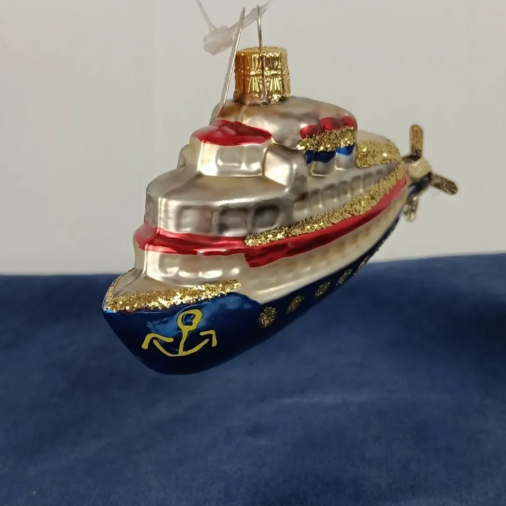 Discovery Channel Blown Glass Ornament Ship Yacht Glitter Christmas Tree Holiday